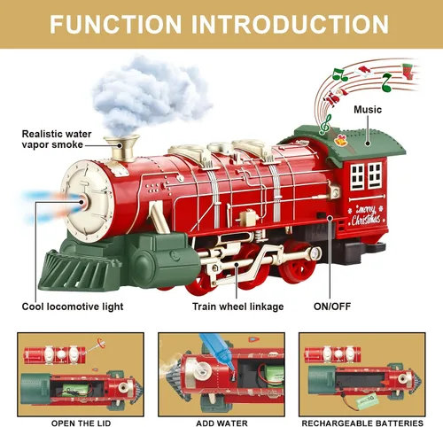 Vista 2 de Juego de tren de Navidad para alrededor del árbol con sonidos, luces y humo, juguetes de tren eléctrico para niños pequeños con 3 autos y 14 pistas
