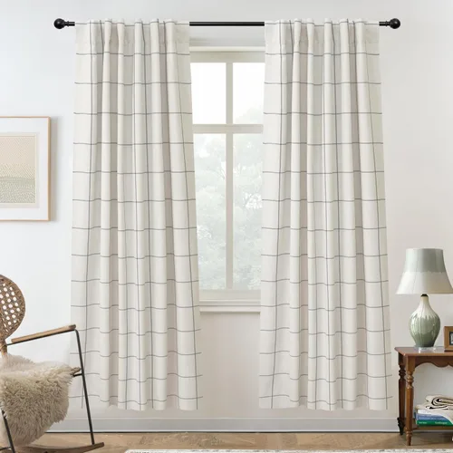Vista 41 de DriftAway 2 paneles cortinas de lino a cuadros 100% opacas de doble capa cortinas para dormitorio de 96 pulgadas de largo estilo granja con Gris