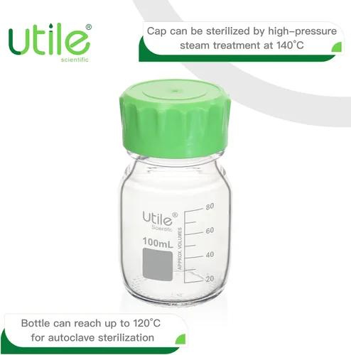 Vista 4 de Utile Botella multimedia, 3.3 botellas de vidrio de borosilicato con tapones de rosca GL45, 6 botellas de medios de laboratorio de 3.4 fl oz