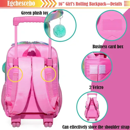 Vista 4 de Egchescebo Mochila con ruedas para niñas de 16 pulgadas, 3 unidades, Arco iris, lg-lpg
