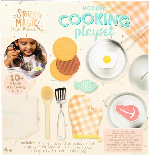 Vista 4 de Story Magic Juego de cocina de madera, juego de cocina de madera para niños de más de 4 años