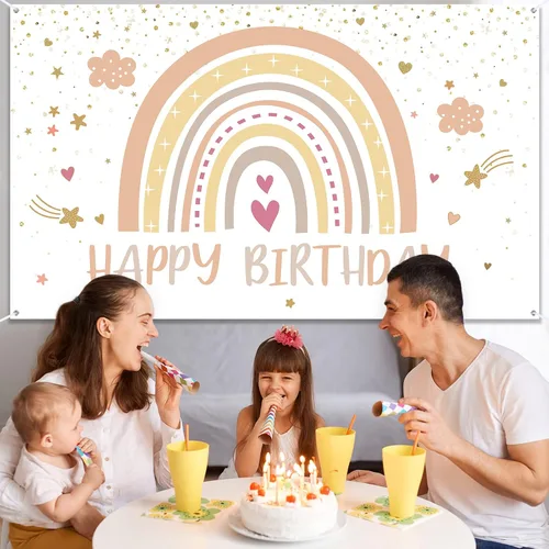 Vista 6 de Hestya Decoraciones de fiesta boho arcoíris para cumpleaños, telón de fondo de cumpleaños de feliz primer cumpleaños, decoraciones de accesorios
