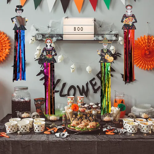 Vista 5 de codree 4 decoraciones colgantes de calavera de azúcar del día de los muertos, 27.5 x 5 pulgadas de diámetro de los muertos, decoraciones colgantes