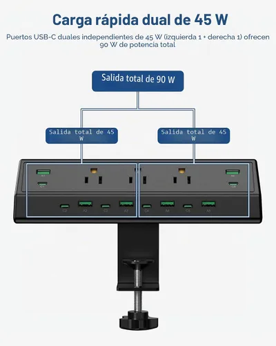 Vista 6 de Jgstkcity Regleta de alimentación con abrazadera de escritorio de 90 W, 12 puertos USB (6 PD 45 W USB-C), protector de sobretensiones, cable