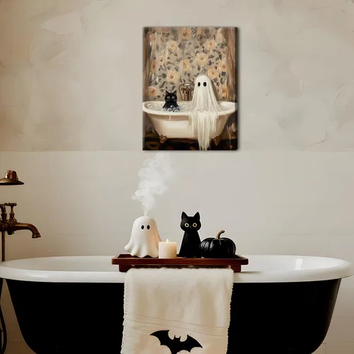 Vista 9 de Obras de arte en lienzo de fantasmas de Halloween para baño, decoración de pared con fantasmas de terror y lindo gato negro en la bañera, pinturas