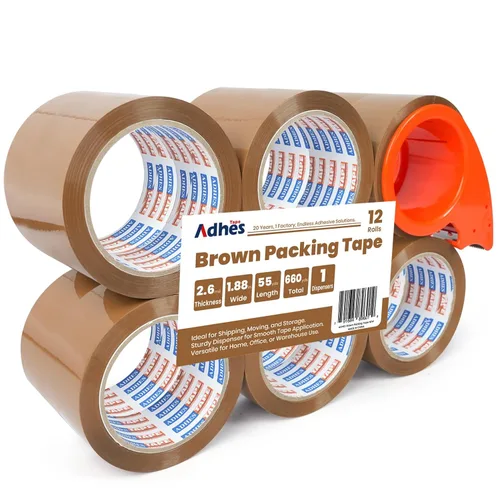 Vista 8 de ADHES - Cinta de embalaje marrón con dispensador, 2.6 mil, 1.88 pulgadas x 55 yardas, 6 rollos de cinta de envío resistente para cajas de mudanza