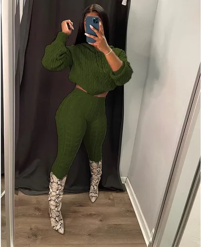 Vista 2 de ThusFar Conjunto de suéteres de punto casuales para mujer, conjunto de dos piezas, para otoño, ajustado, con cordón, grueso, con capucha, pantalón