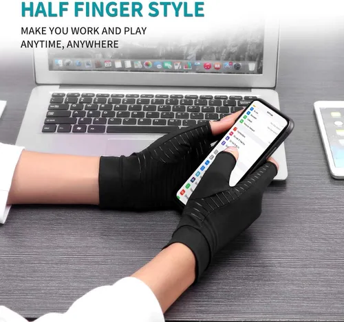 Vista 4 de Guantes de cobre para artritis para mujeres y hombres, sin dedos, transpirables y absorben la humedad, guantes de compresión para escribir