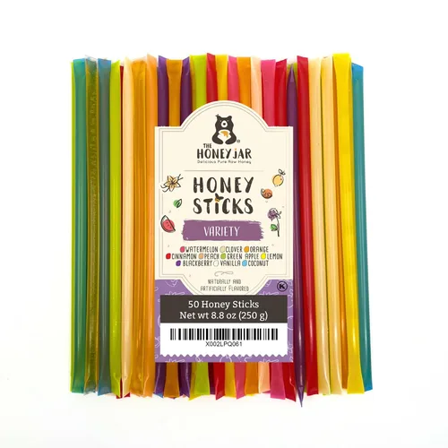 Vista 7 de The Honey Jar Palitos de miel con sabor a mora, pajitas de miel pura para el té, café o un placer saludable, una cucharadita de miel saborizada por