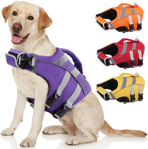 Vista 8 de Kuoser Chaleco salvavidas reflectante para perro, chaleco salvavidas para nadar y navegar Chalecos salvavidas ajustables para mascotas, traje