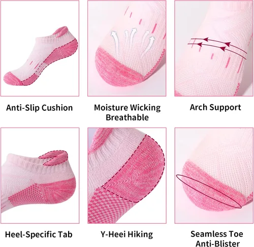 Vista 4 de Calcetines de compresión de tobillo para mujer, atléticos, para correr, de corte bajo, para caminar, acolchados, 5 pares