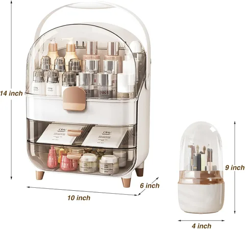 Vista 3 de Juego organizador de cosméticos - Caja de maquillaje con soporte para brochas, organizador de almacenamiento para el cuidado de la piel con cajones
