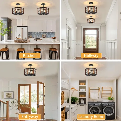 Vista 6 de Lámpara de techo semiempotrada rústica de 4 luces, 12.57 pulgadas, moderna, para entrada, pasillo, lámpara de cocina con tambor de madera de roble