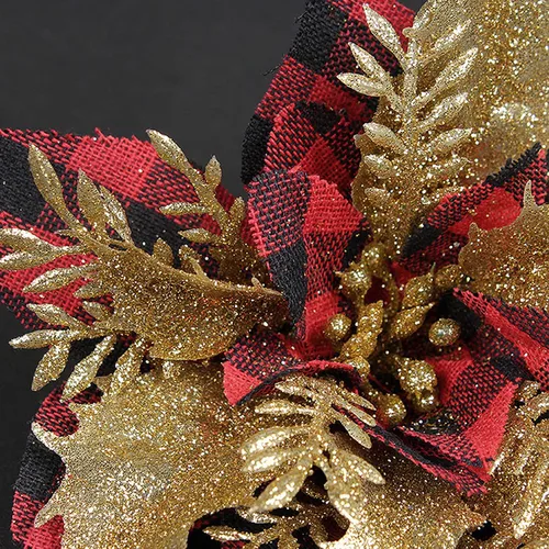 Vista 7 de 24 flores de Pascua de Navidad de 4.7 pulgadas con purpurina roja búfalo a cuadros de flores de nochebuena para adornos de árbol de Navidad