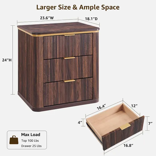 Vista 2 de T4TREAM Juego de 2 mesitas de noche grandes de 24" de estilo mitad de siglo moderno con 3 cajones acanalados, mesa auxiliar, mesita de noche