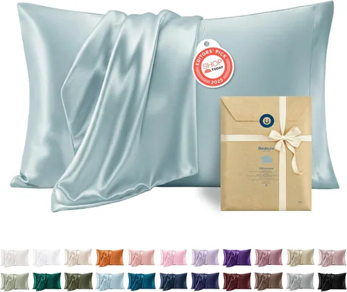 Vista 39 de Bedsure Paquete de 2 fundas de almohada de satén similares a las fundas de almohada de seda tamaño estándar, funda de almohada para mujeres que