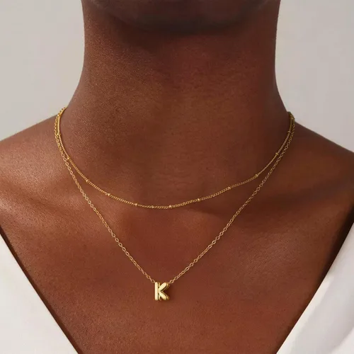 Vista 2 de Collar de letras doradas y plateadas, con inicial en capas para mujer, pequeños collares con dije, gargantilla delicada, collar lindo apilable
