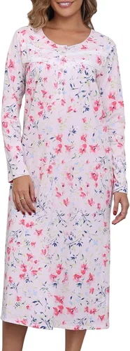 Vista 14 de Camisones largos de algodón para mujer, 100% algodón, vestido de noche de manga larga para mujer, ropa de dormir vintage A rosa