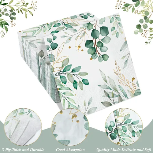 Vista 3 de 100 servilletas de eucalipto desechables de 3 capas de papel de hojas de eucalipto, toallas de invitados, servilletas de cóctel, papel verde