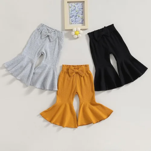 Vista 9 de TINXIEA Paquete de 3 pantalones acampanados para niñas pequeñas, pantalones acanalados sueltos con lazo, pantalones acampanados, paquete de 3