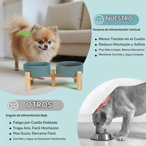 Vista 3 de SPUNKYJUNKY Cuencos elevados de cerámica para perros, 5.1 pulgadas, para comida de perros y gatos, cuencos elevados con soporte de bambú Verde oscuro
