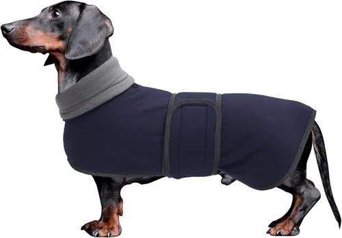 Vista 8 de Abrigos para perros salchicha Morezi de forro polar para invierno, ropa para dachshund miniatura con cierre de gancho y bucle y ribete reflectante