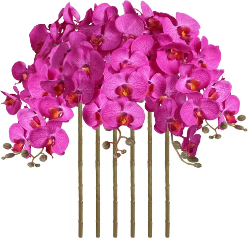 Vista 21 de Orquídeas artificiales de 38 pulgadas, 6 unidades, orquídeas falsas rosas, orquídeas de seda de terciopelo, flores artificiales de tallo largo