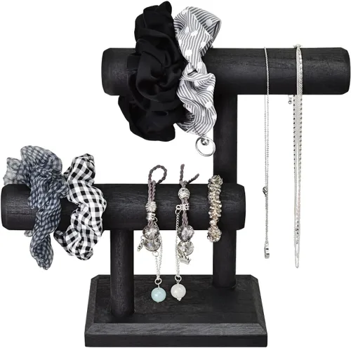 Vista 6 de Ikee Design Torre de exhibición de relojes de pulsera de madera de 2 niveles, soporte de almacenamiento para collar, 7.9 pulgadas de ancho x 4.3