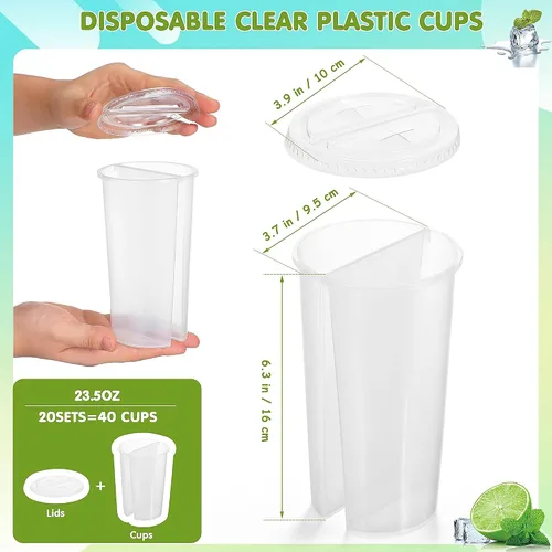 Vista 3 de 20 vasos de plástico desechables divididos para bebidas, forma redonda, doble espesa, taza para compartir en pareja, con tapas, para té con leche