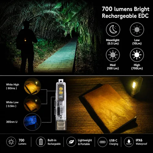 Vista 10 de RovyVon Linterna de Llavero Ojos de Ángel E8, 700 Lúmenes, Compatible con Batería AAA, Linterna EDC Recargable USB C (Luz Negra 365nm/Rojo/Blanco)
