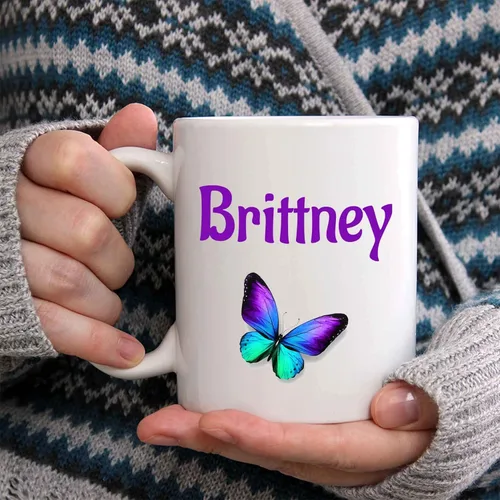 Vista 2 de Brittney Coffee Mug - Custom Personalized Butterfly Cup with Name, 11 oz