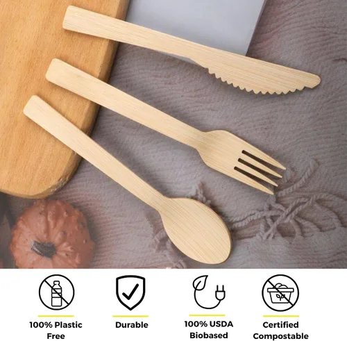 Vista 2 de Juego de cubiertos desechables de bambú envueltos 100 paquetes 1 cuchillo, 1 tenedor, 1 cuchara y 1 servilleta Kraft Utensilios biodegradables