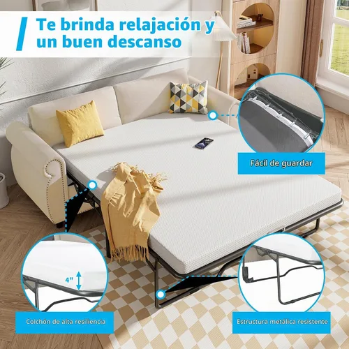 Vista 6 de Mjkone Sofá cama extraíble de tamaño matrimonial con colchón de espuma de 3.2 pulgadas, sofá cama convertible 2 en 1 con reposabrazos de cabeza