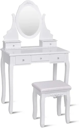 Vista 14 de Giantex Juego de tocador con espejo iluminado, mesa de maquillaje con 10 luces rosadas, escritorio de tocador moderno con taburete acolchado, 3