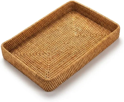 Vista 13 de YANGQIHOME Bandeja de ratán tejida a mano de 14.6 pulgadas con asas, bandeja rectangular de mimbre para mesa de café, desayuno, bebidas, frutas