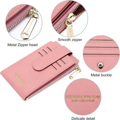 Vista 6 de OIDERY Cartera con tarjetero RFID para mujer, delgada, plegable, con cremallera, organizador de tarjetas, carteras con caja de regalo, Rosado