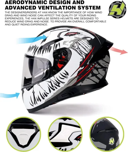 Vista 5 de HAX Full Face Motorcycle Helmet with Dual Rear Wing, DOT Approved Motorbike Street Bike Helmet with Pinlock Ready Plastic Nails for Adult