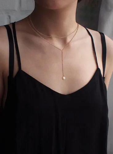 Vista 4 de Necocy Collares largos para mujer, chapado en oro de 14 quilates, collar de barra circular de perlas de circonita cúbica en forma de Y, collar