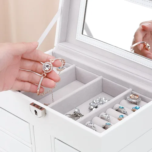 Vista 7 de Homde Joyero de 6 capas, 10 cajones, organizador de joyas grande con cerradura, espejo para anillos, aretes, collares, relojes, lentes de sol