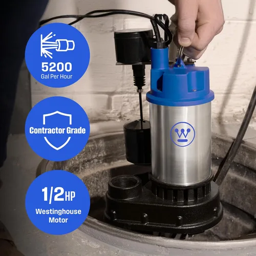 Vista 2 de Westinghouse Bomba sumergible de sumidero 1/2 HP – Bomba de sumidero de sótano de hierro fundido resistente y acero inoxidable con interruptor