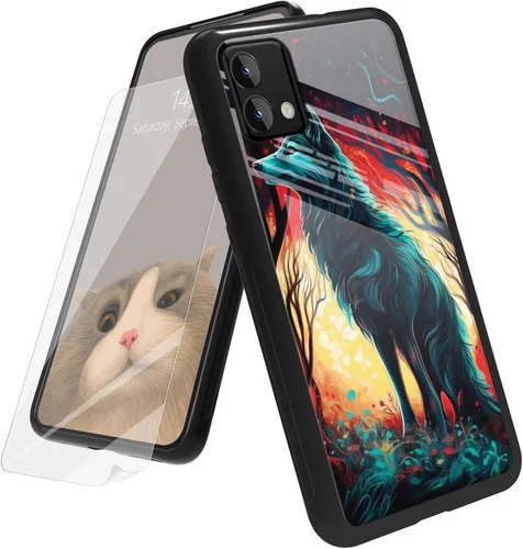 Vista 159 de Funda para Motorola Moto G Play 4G 2024 con protector de pantalla, parte trasera de vidrio templado + funda de silicona suave TPU absorción