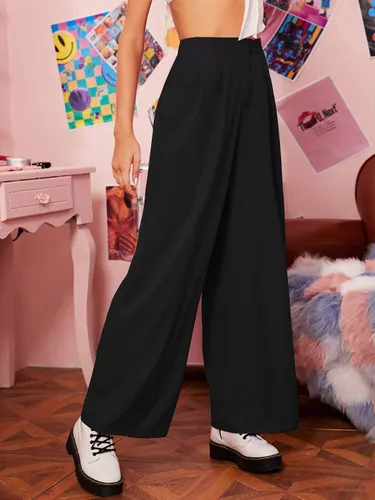 Vista 3 de Floerns Pantalones estilo palazzo de cintura alta plisados de pierna ancha para mujer