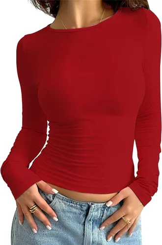 Vista 5 de Camisetas cortas de manga larga con cuello alto para mujer, básicas, ajustadas, para salir, Y2K, ropa de invierno, cuello redondo, camisetas sólidas