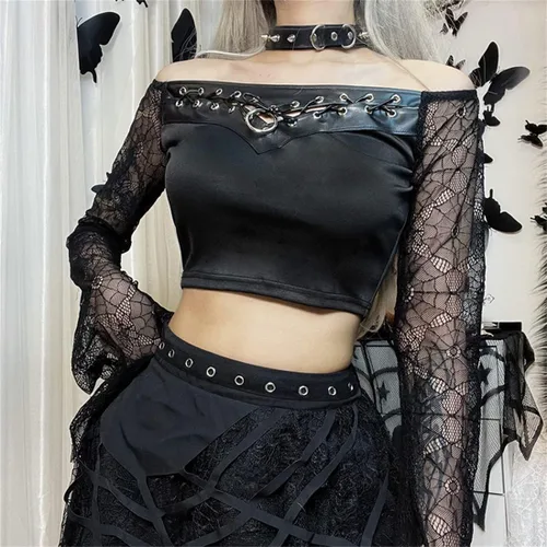 Vista 5 de Camiseta de manga larga con estampado de bruja gótica para mujer, diseño de retazos góticos, ropa estética