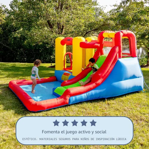Vista 4 de Bounceland Parque de juegos inflable con salto y aventura de salpicaduras o tobogán acuático todo en uno, piscina grande, área de salto divertida