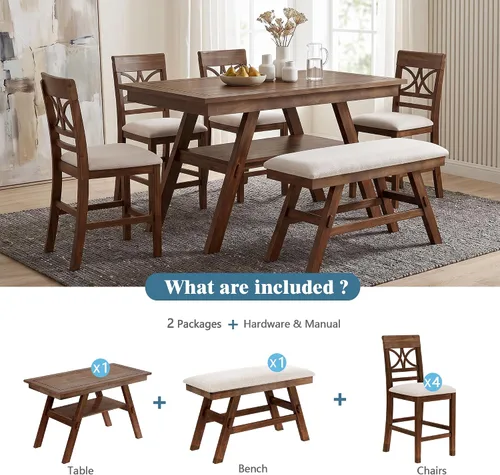 Vista 200 de Juego de mesa de comedor vintage de 6 piezas, juego de mesa de comedor de cocina de madera maciza con 4 sillas ergonómicas acolchadas y banco, mesa