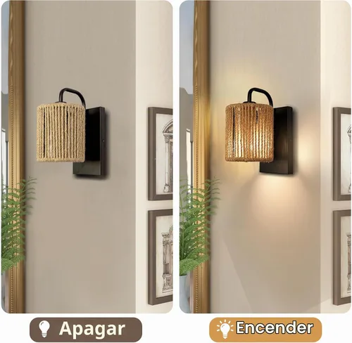Vista 2 de Aplique de pared boho de ratán apliques de cuerda de cáñamo Estilo de ratán tejido