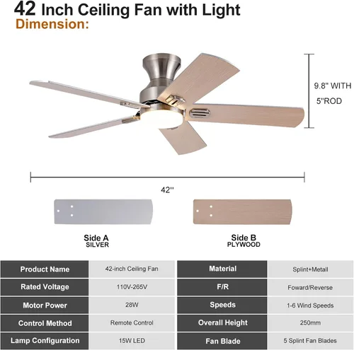 Vista 7 de Ventiladores de techo de níquel cepillado de 42 pulgadas con luces y control remoto, ventilador de techo moderno de bajo perfil para interiores