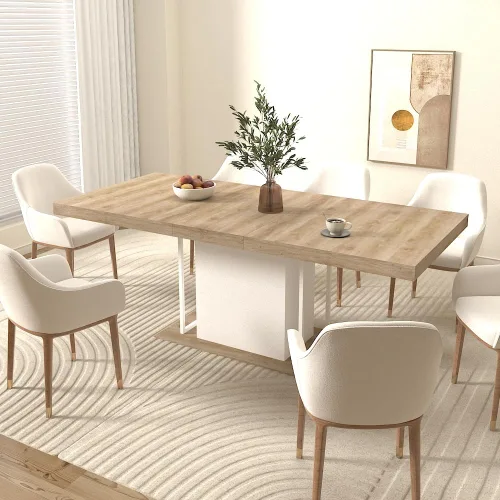 Vista 3 de Mesa de comedor extensible rectangular de 78.74 pulgadas para 6-10 personas, con base de pedestal blanca para cocina, comedor, sala de reuniones