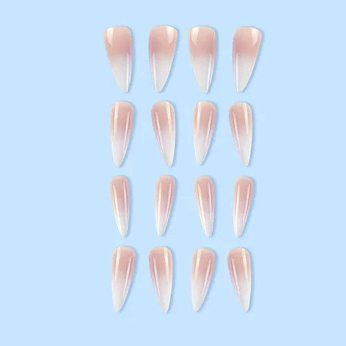Vista 6 de Uñas postizas largas a presión estilo stiletto, uñas postizas francesas degradadas blancas, uñas postizas brillantes de cobertura completa